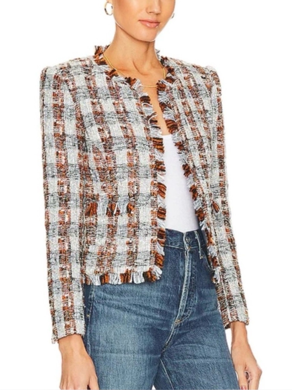 L'Agence Angelina Tweed Blue and Brown Plaid Jacket